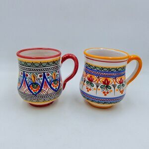 De La Cal Barrera Puente Hand Painted Pottery Mugs Spain Set of 2 Coffee Tea Cup